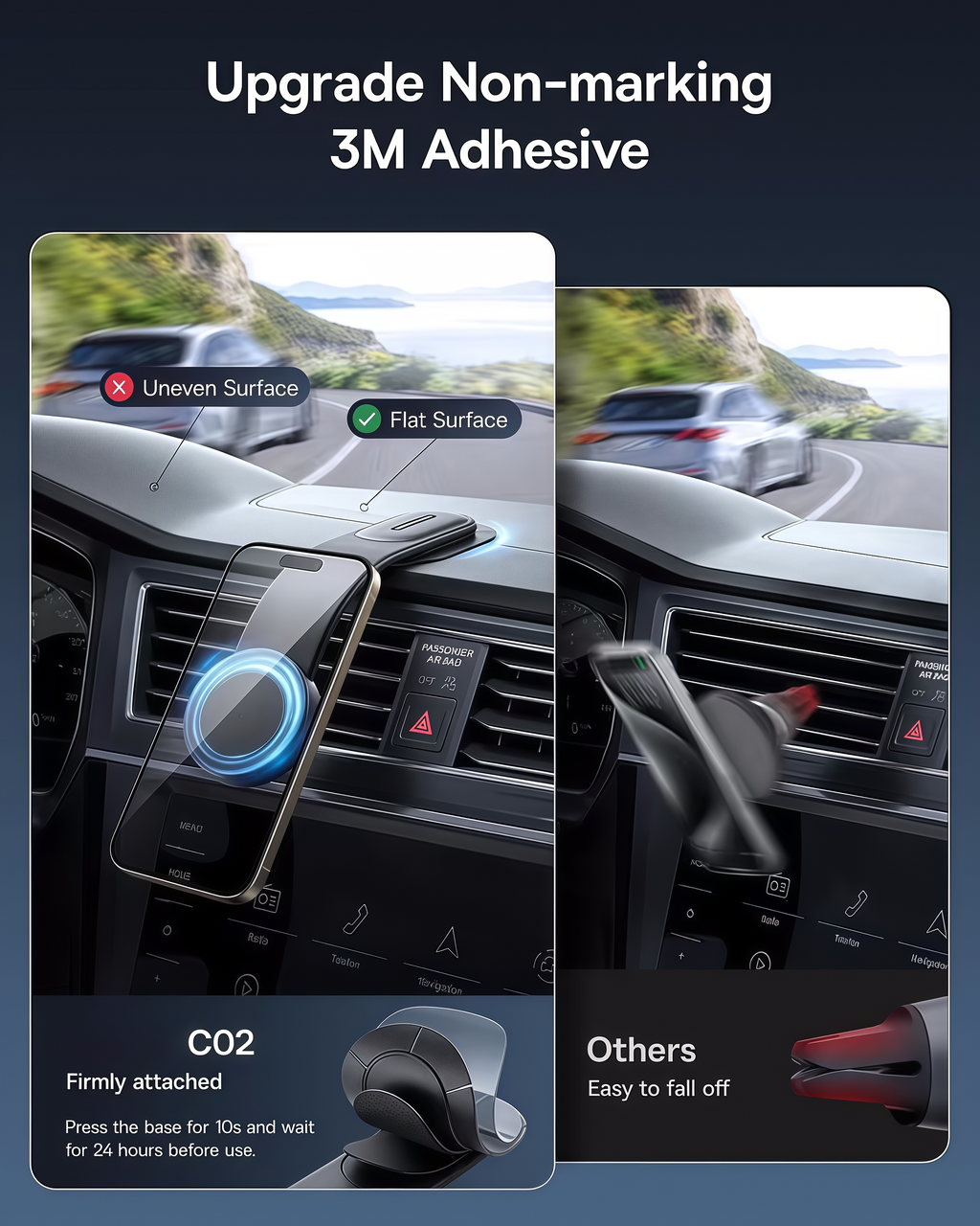 🚗A 25N strong magnetic phone holder featuring a flexible, shape-retaining titanium alloy design; supports 360° rotation and 3M adhesive dashboard mounting; compatible with all phone models.