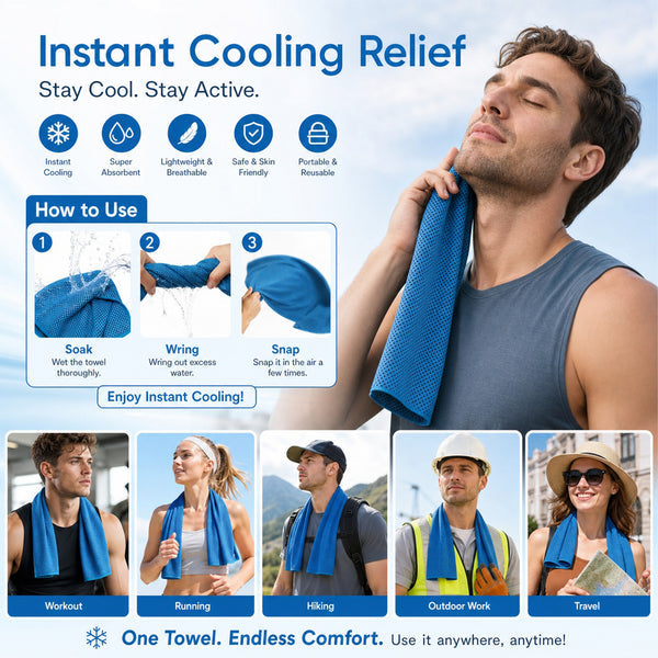 A Cooling, Anti-perspiration Towel You Can Use Anywhere, Anytime! Reusable, Soft, Absorbent And Cooling.
