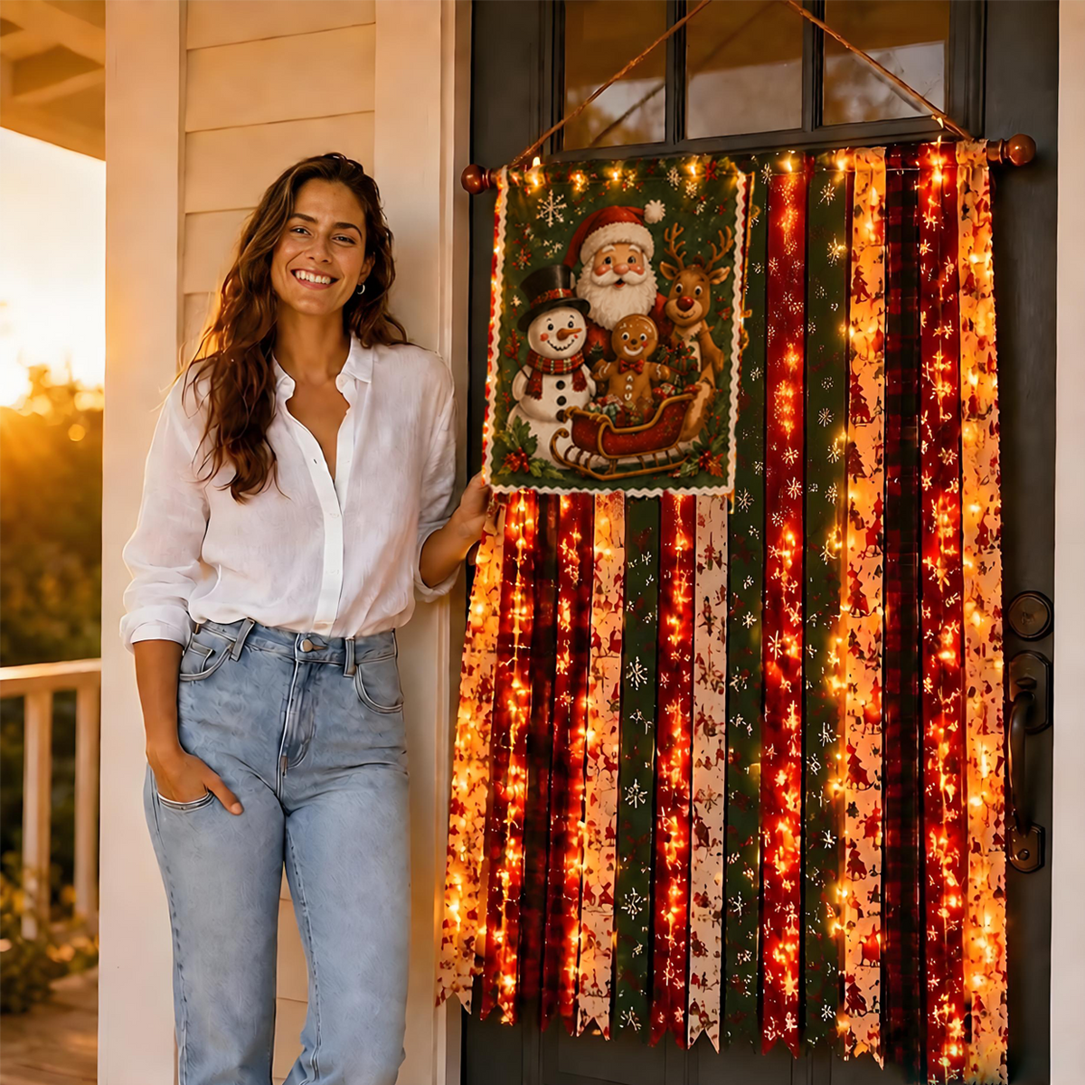 🎄Light‑Up Christmas Ribbon Wall Hanging Banner 🎅 | Vintage Santa Snowman Tapestry Ornament with LED String Lights | Xmas Home Porch Window Wall Decor