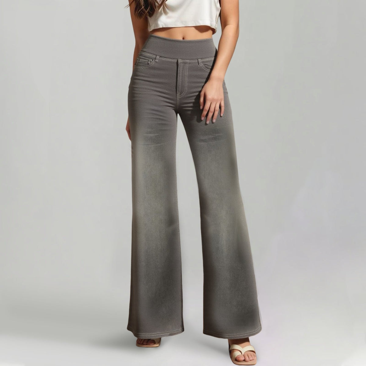 🔥Women's High-Waisted Washed Baggy Wide-Leg Stretchy Knit Jeans with Multiple Pockets – Comfortable Casual Denim