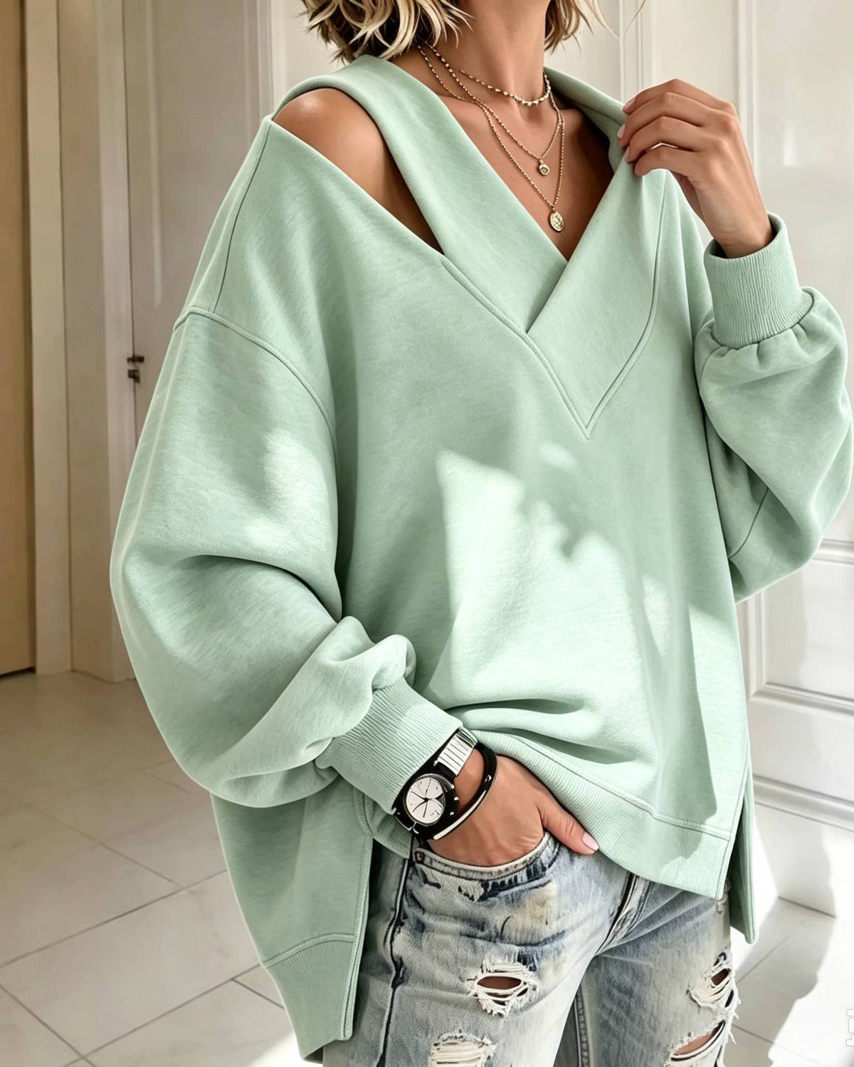 Chic Cutout V-Neck Oversized Sweatshirt