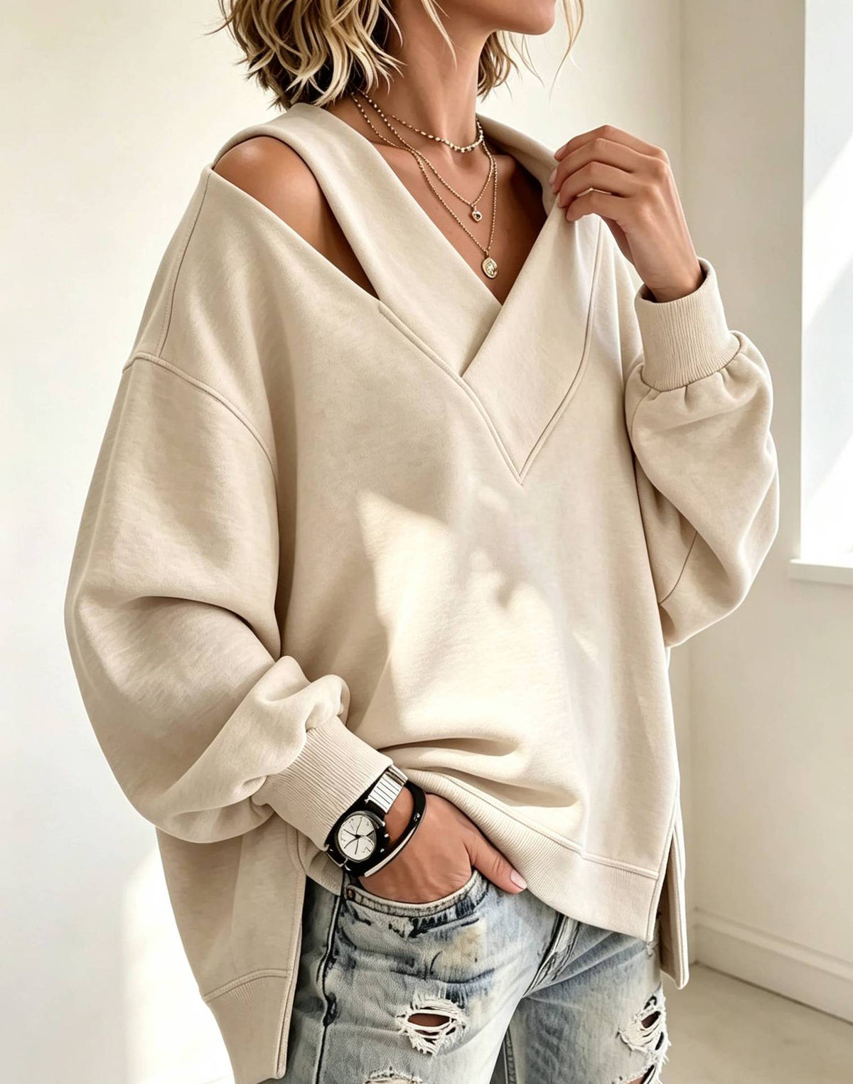 Chic Cutout V-Neck Oversized Sweatshirt