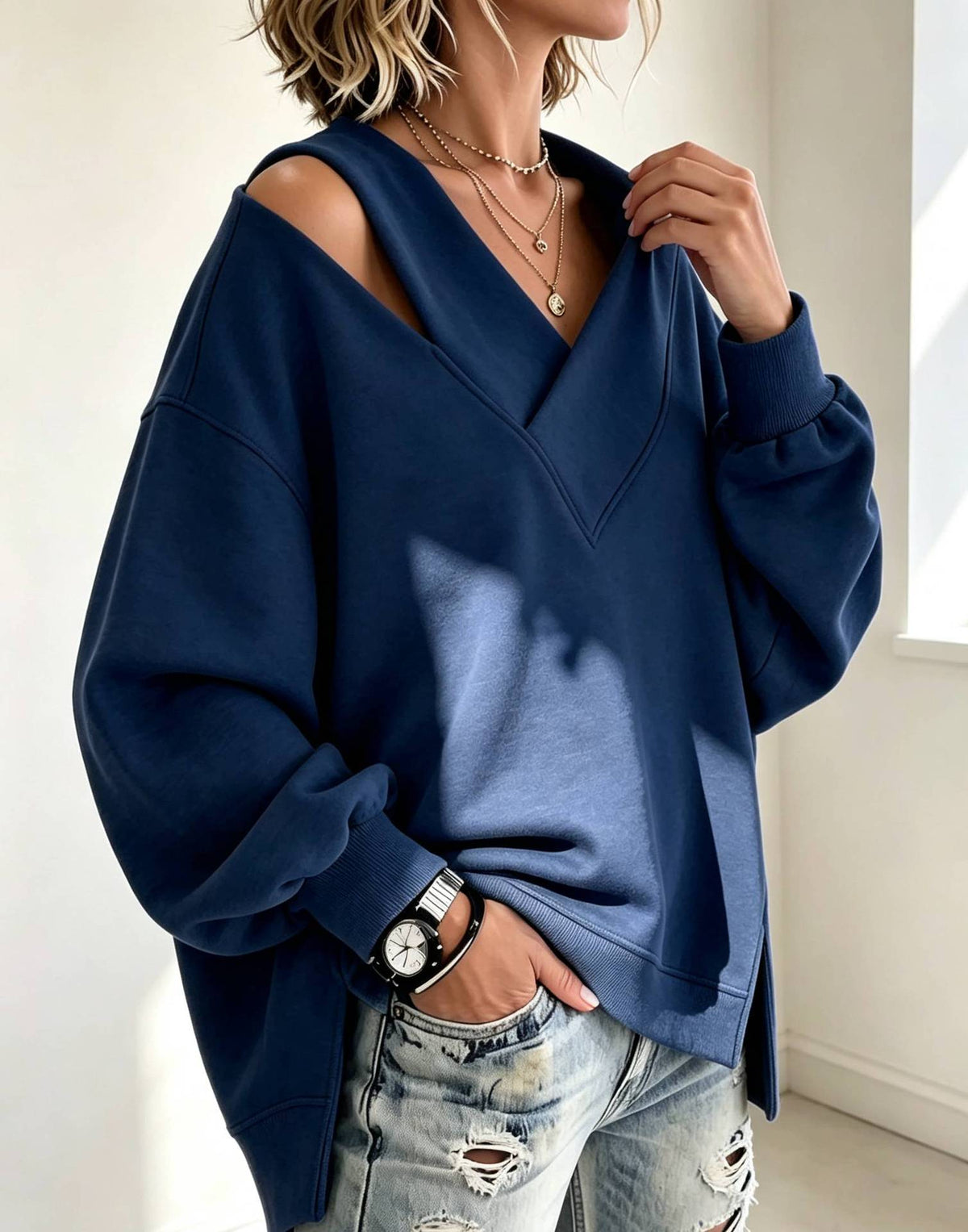 Chic Cutout V-Neck Oversized Sweatshirt