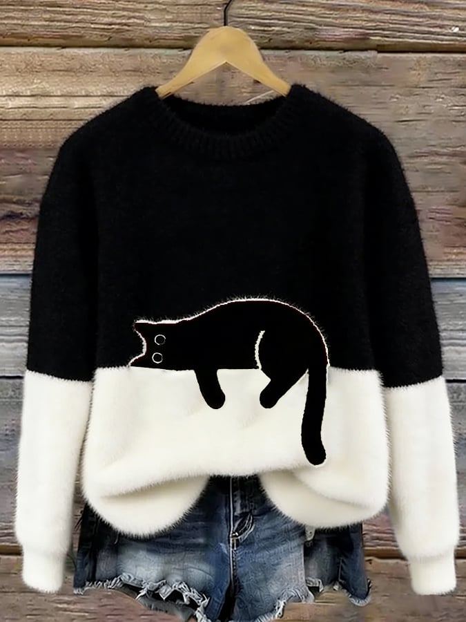 Cat Print Oversized Sweater