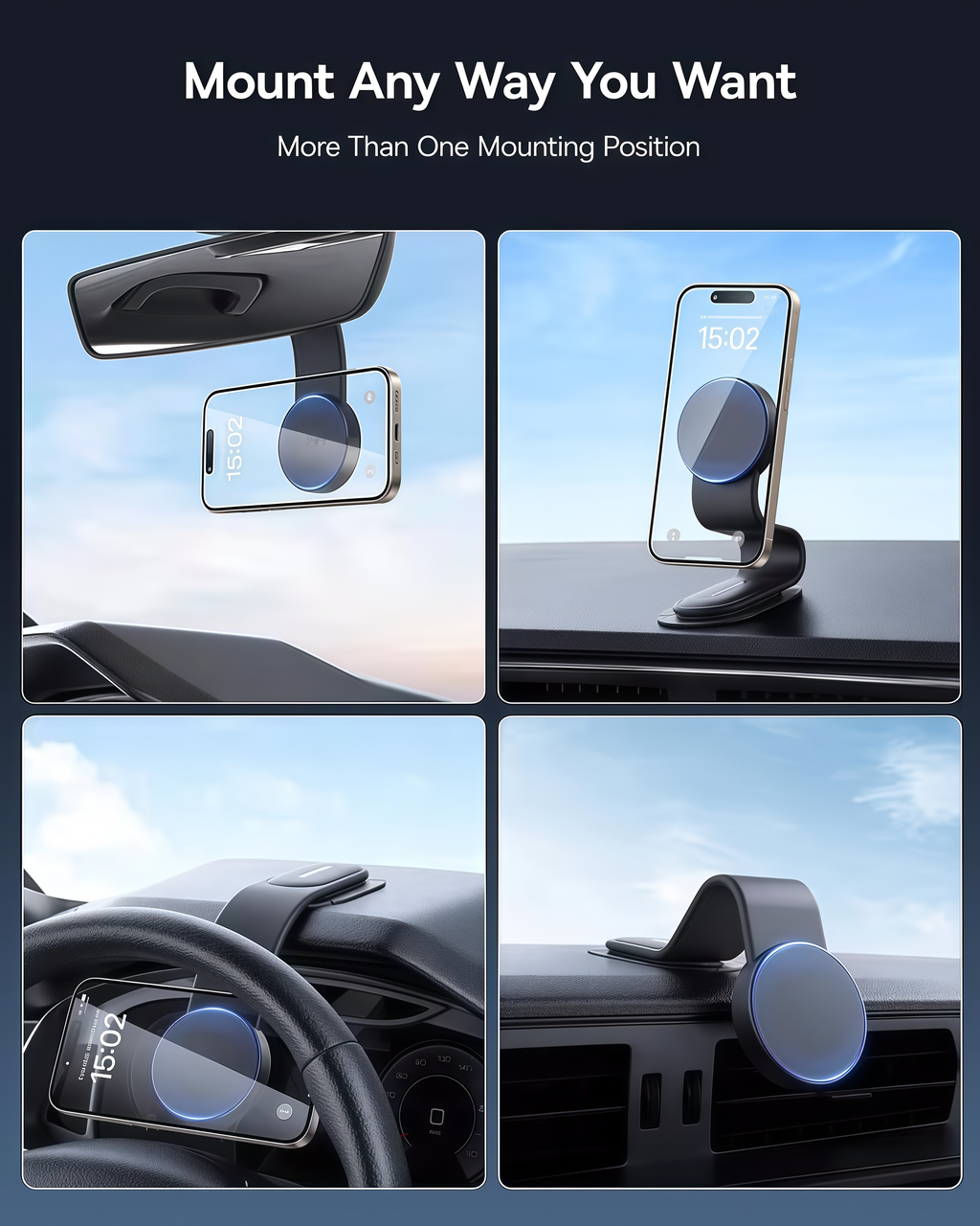 🚗A 25N strong magnetic phone holder featuring a flexible, shape-retaining titanium alloy design; supports 360° rotation and 3M adhesive dashboard mounting; compatible with all phone models.