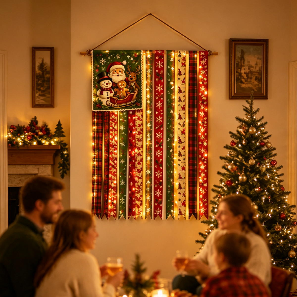 🎄Light‑Up Christmas Ribbon Wall Hanging Banner 🎅 | Vintage Santa Snowman Tapestry Ornament with LED String Lights | Xmas Home Porch Window Wall Decor