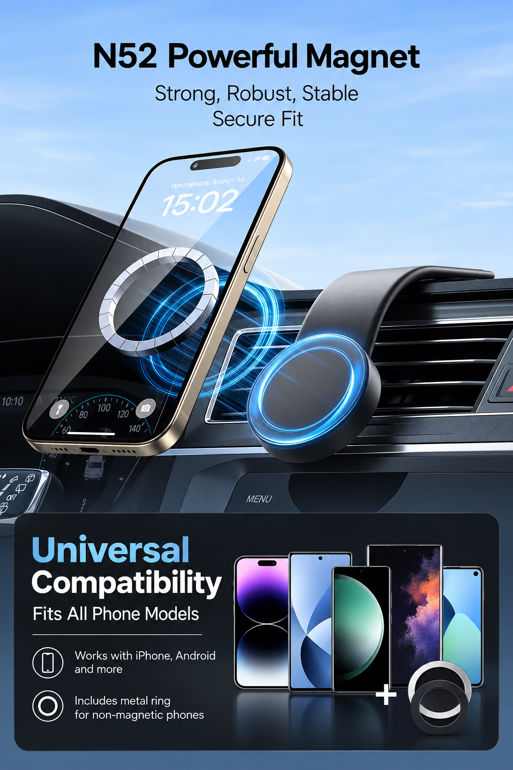 🚗A 25N strong magnetic phone holder featuring a flexible, shape-retaining titanium alloy design; supports 360° rotation and 3M adhesive dashboard mounting; compatible with all phone models.