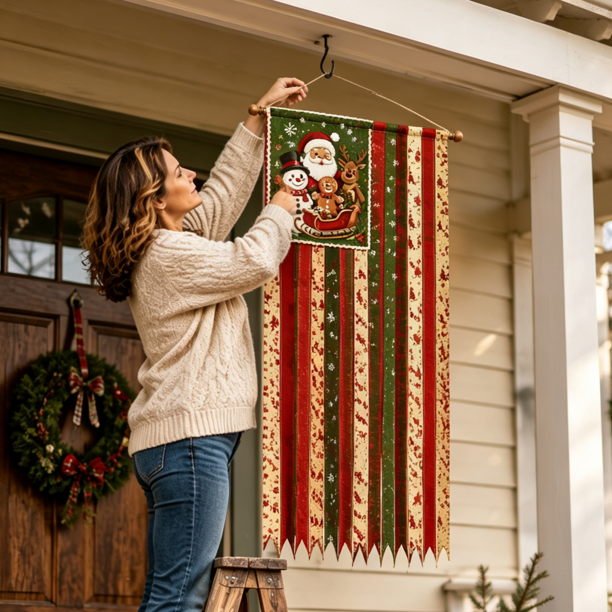 🎄Light‑Up Christmas Ribbon Wall Hanging Banner 🎅 | Vintage Santa Snowman Tapestry Ornament with LED String Lights | Xmas Home Porch Window Wall Decor