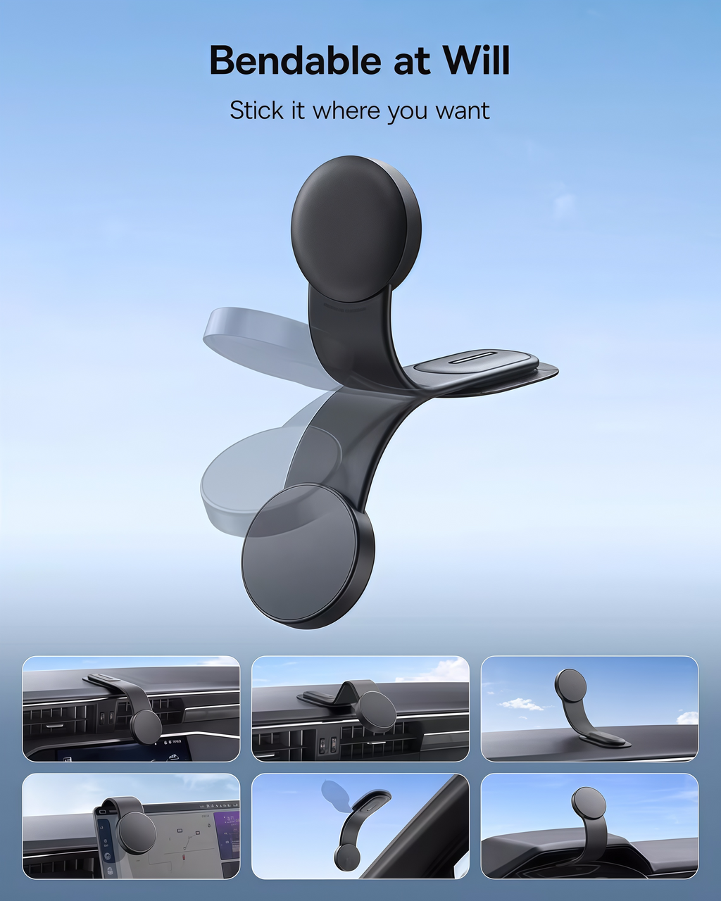 🚗A 25N strong magnetic phone holder featuring a flexible, shape-retaining titanium alloy design; supports 360° rotation and 3M adhesive dashboard mounting; compatible with all phone models.