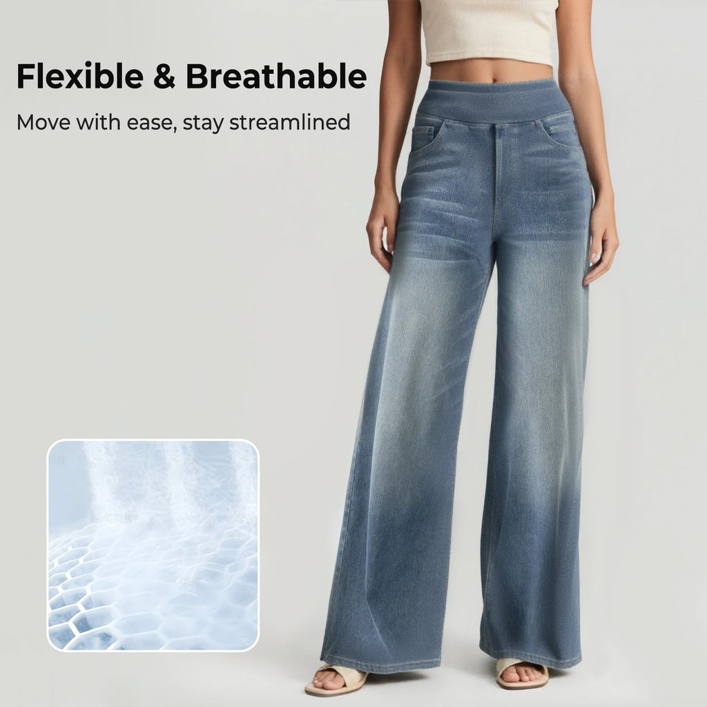 🔥Women's High-Waisted Washed Baggy Wide-Leg Stretchy Knit Jeans with Multiple Pockets – Comfortable Casual Denim
