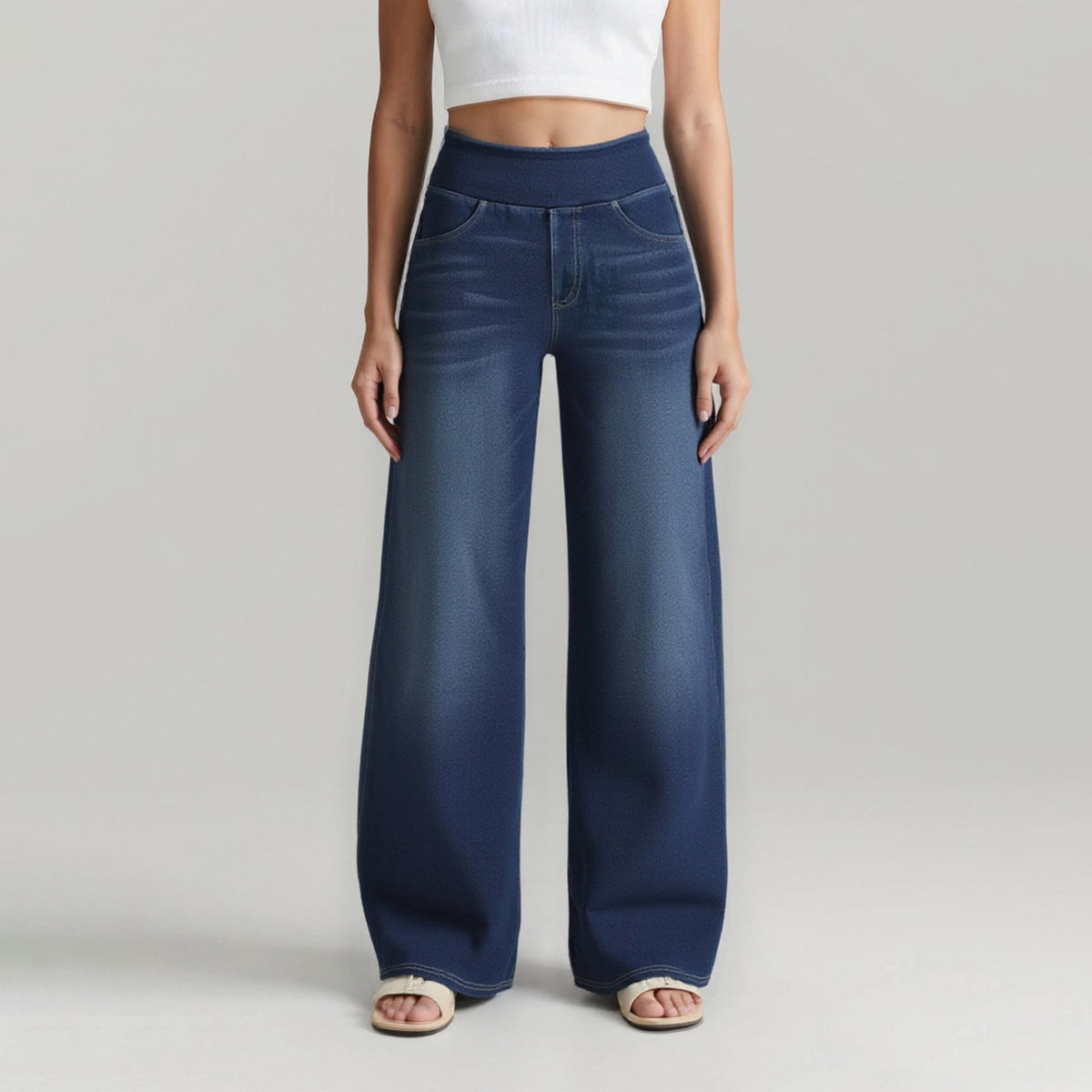 🔥Women's High-Waisted Washed Baggy Wide-Leg Stretchy Knit Jeans with Multiple Pockets – Comfortable Casual Denim