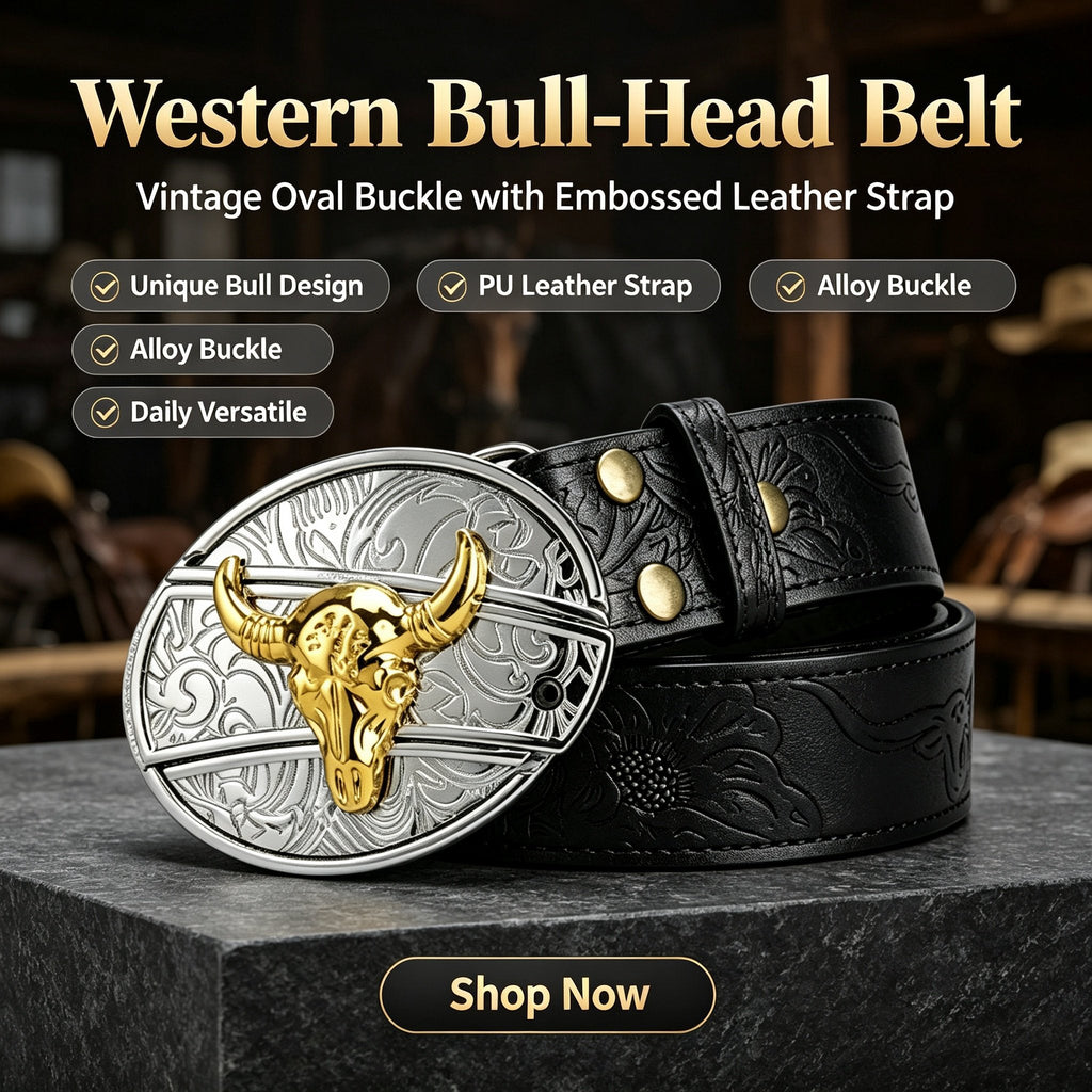Bull‑Head Metal Buckle Embossed PU Leather Belt for Men