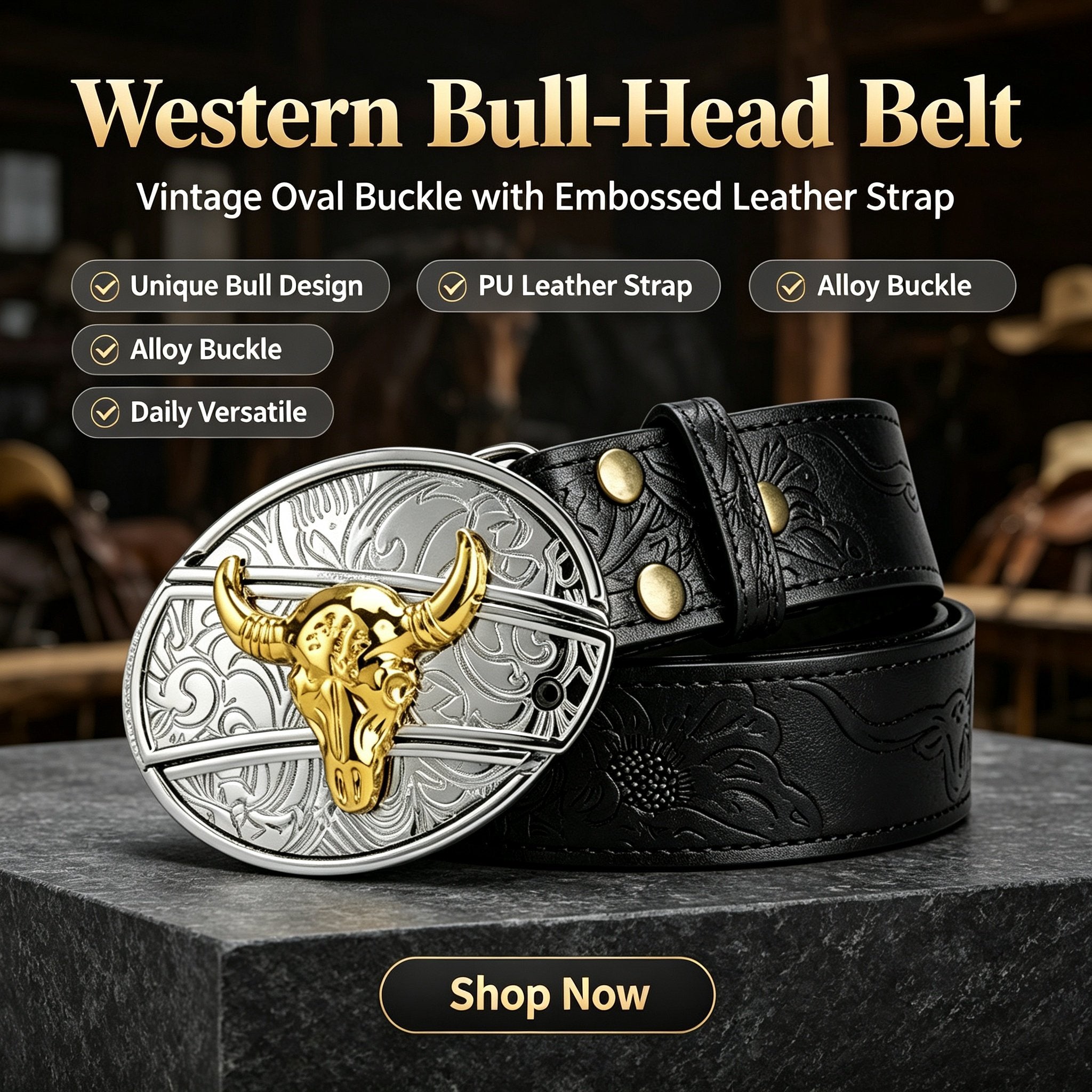 Bull‑Head Metal Buckle Embossed PU Leather Belt for Men