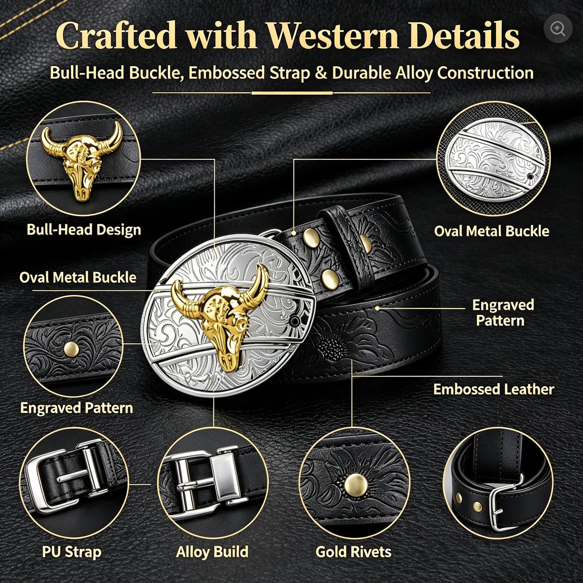 Bull‑Head Metal Buckle Embossed PU Leather Belt for Men
