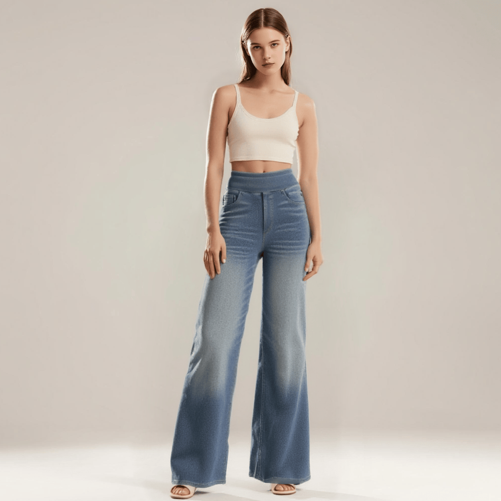 🔥Women's High-Waisted Washed Baggy Wide-Leg Stretchy Knit Jeans with Multiple Pockets – Comfortable Casual Denim
