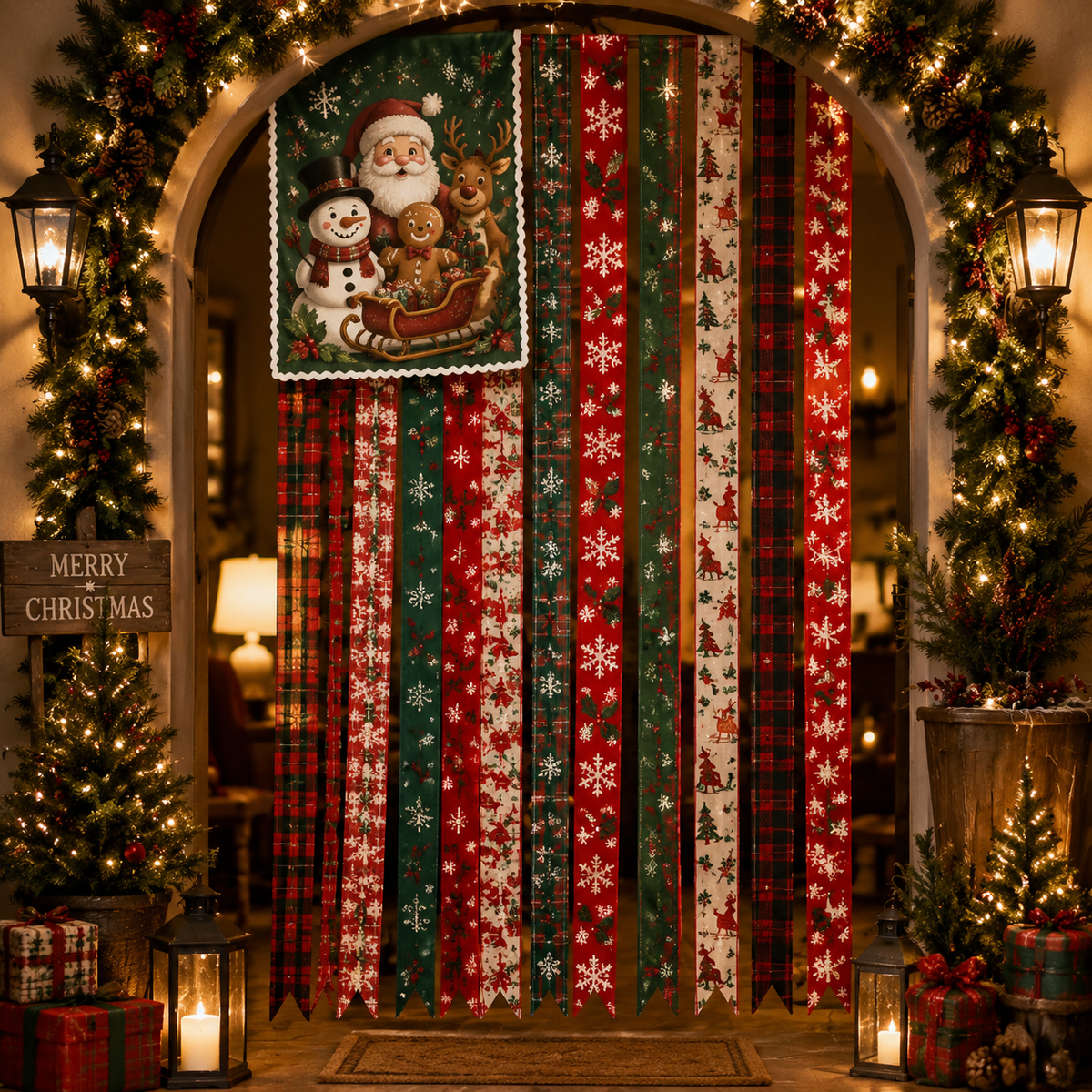 🎄Light‑Up Christmas Ribbon Wall Hanging Banner 🎅 | Vintage Santa Snowman Tapestry Ornament with LED String Lights | Xmas Home Porch Window Wall Decor