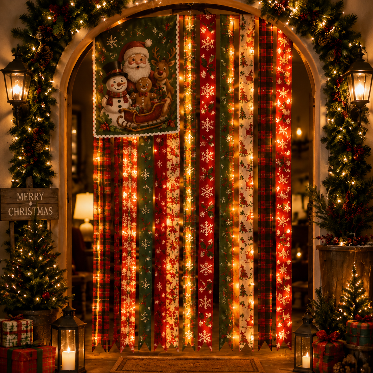 🎄Light‑Up Christmas Ribbon Wall Hanging Banner 🎅 | Vintage Santa Snowman Tapestry Ornament with LED String Lights | Xmas Home Porch Window Wall Decor