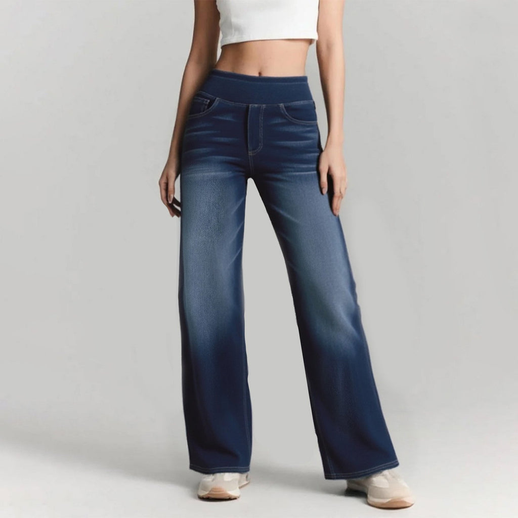 🔥Women's High-Waisted Washed Baggy Wide-Leg Stretchy Knit Jeans with Multiple Pockets – Comfortable Casual Denim