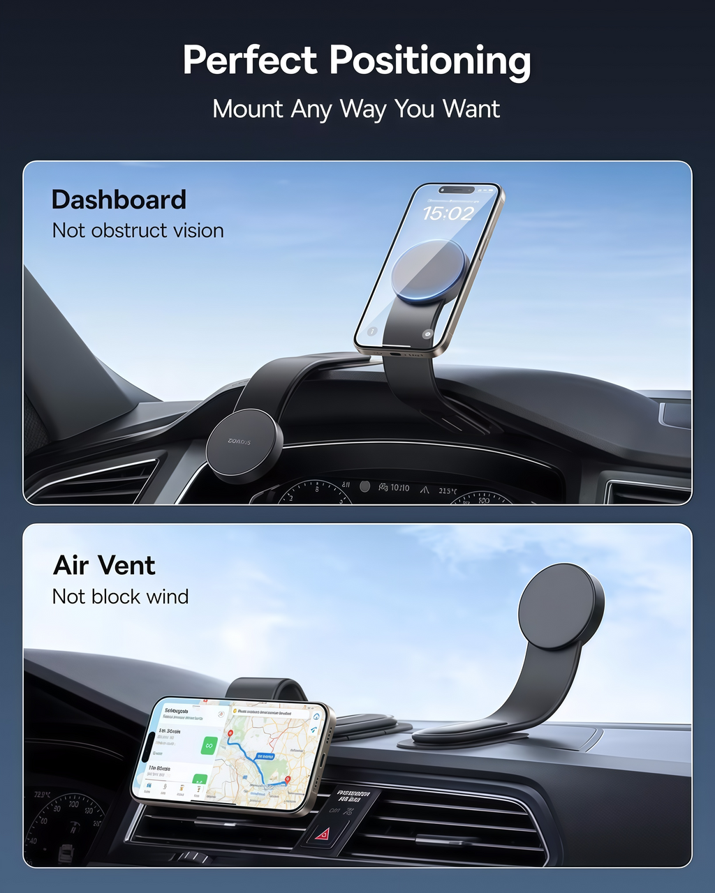 🚗A 25N strong magnetic phone holder featuring a flexible, shape-retaining titanium alloy design; supports 360° rotation and 3M adhesive dashboard mounting; compatible with all phone models.