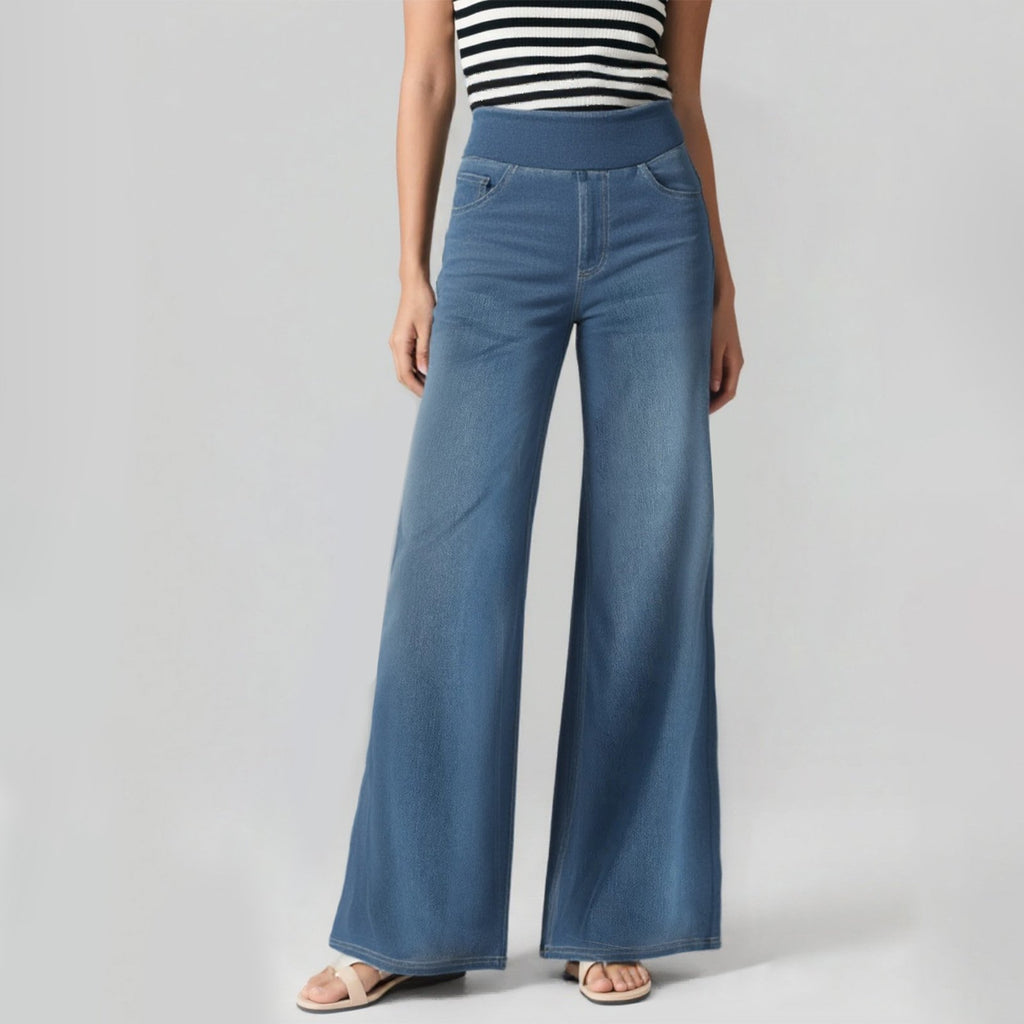 🔥Women's High-Waisted Washed Baggy Wide-Leg Stretchy Knit Jeans with Multiple Pockets – Comfortable Casual Denim