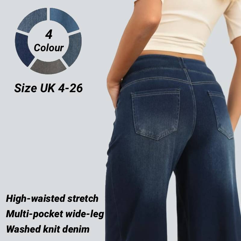 🔥Women's High-Waisted Washed Baggy Wide-Leg Stretchy Knit Jeans with Multiple Pockets – Comfortable Casual Denim