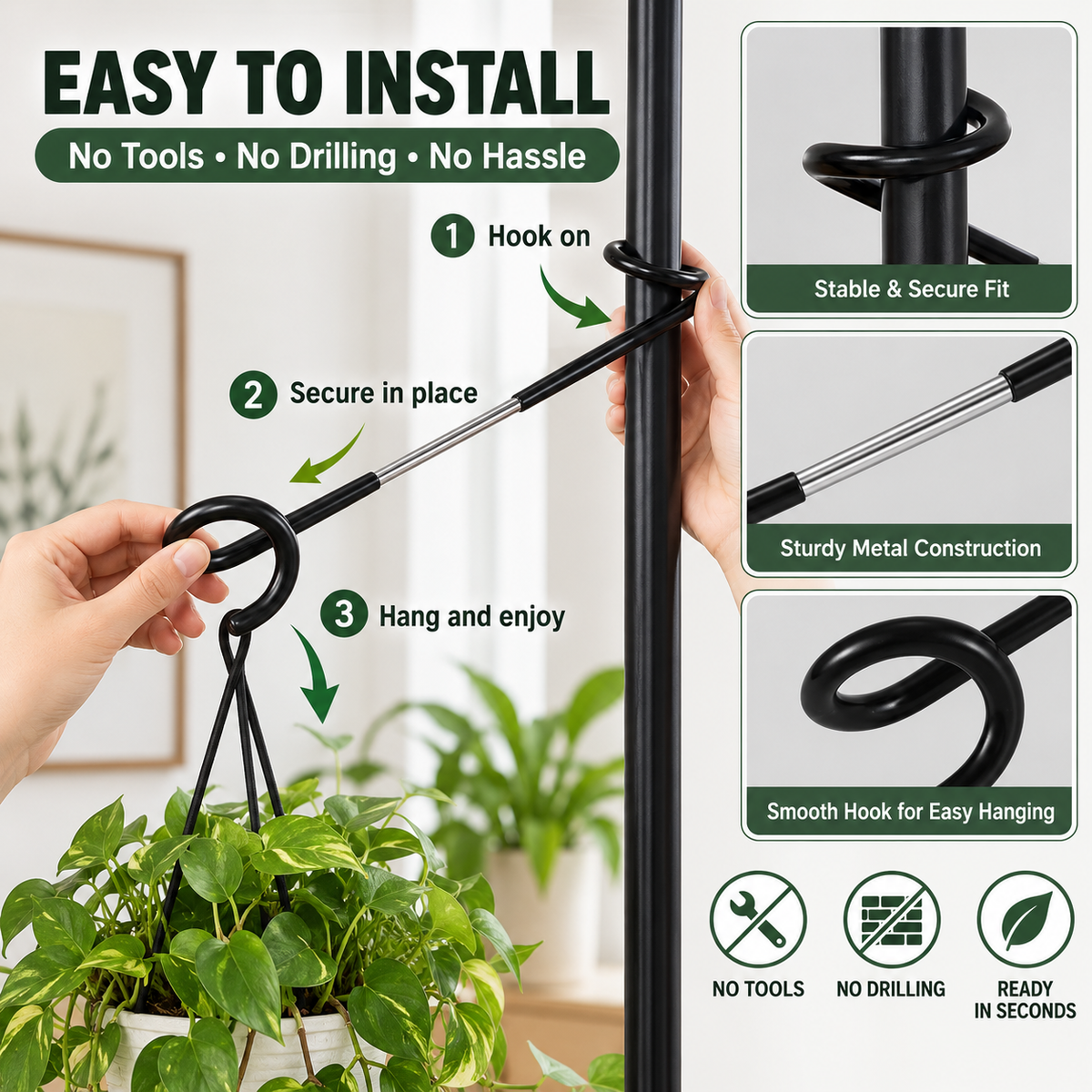 🌿🔩 No-Drill Plant Pole Hanging Hook — Fixed Metal Hook for Extra Greenery Space