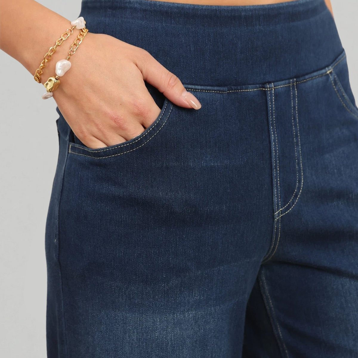 🔥Women's High-Waisted Washed Baggy Wide-Leg Stretchy Knit Jeans with Multiple Pockets – Comfortable Casual Denim