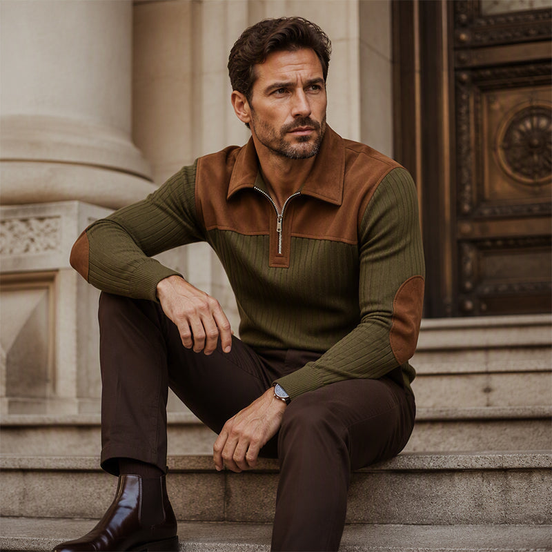 🧶 Textured Comfort | Men's Quarter-Zip Corduroy Knit Sweater