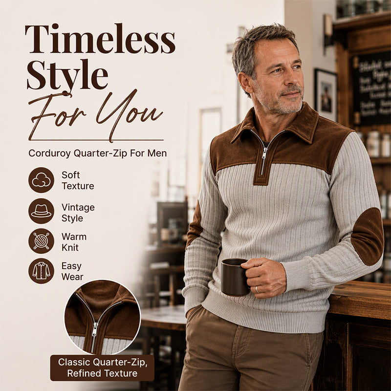 🧶 Textured Comfort | Men's Quarter-Zip Corduroy Knit Sweater