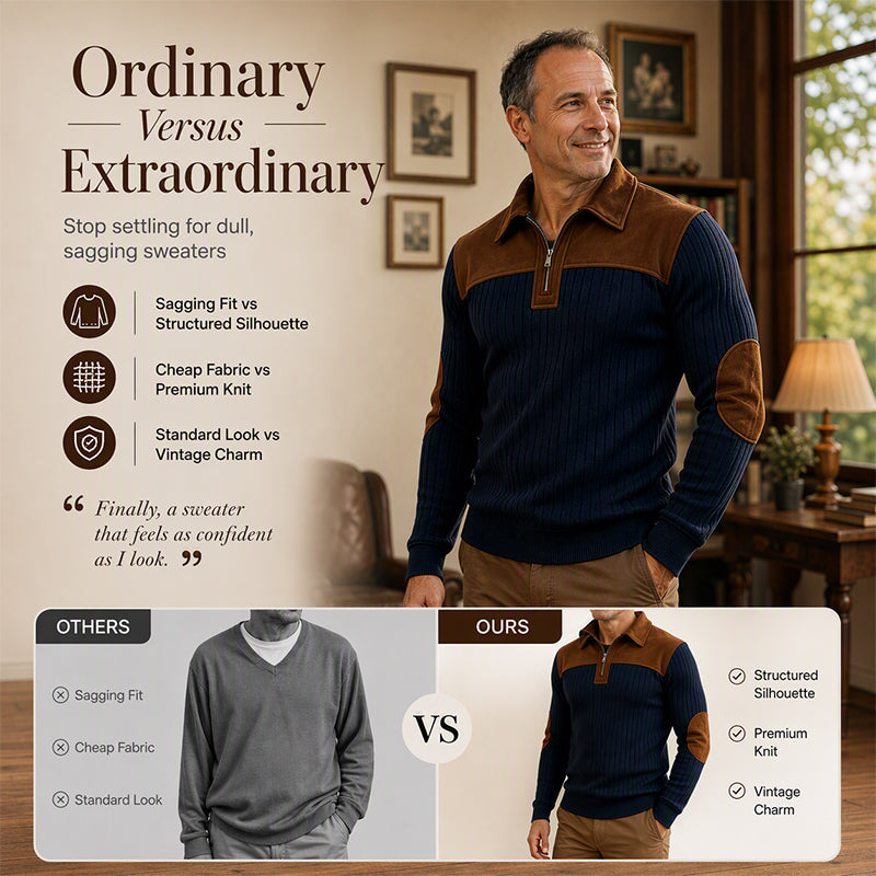 🧶 Textured Comfort | Men's Quarter-Zip Corduroy Knit Sweater