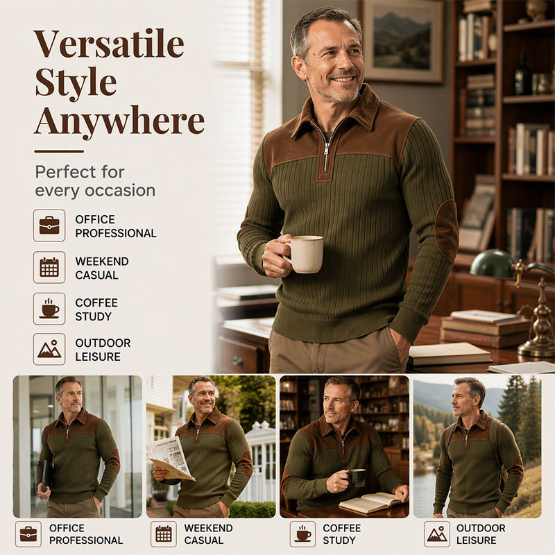 🧶 Textured Comfort | Men's Quarter-Zip Corduroy Knit Sweater