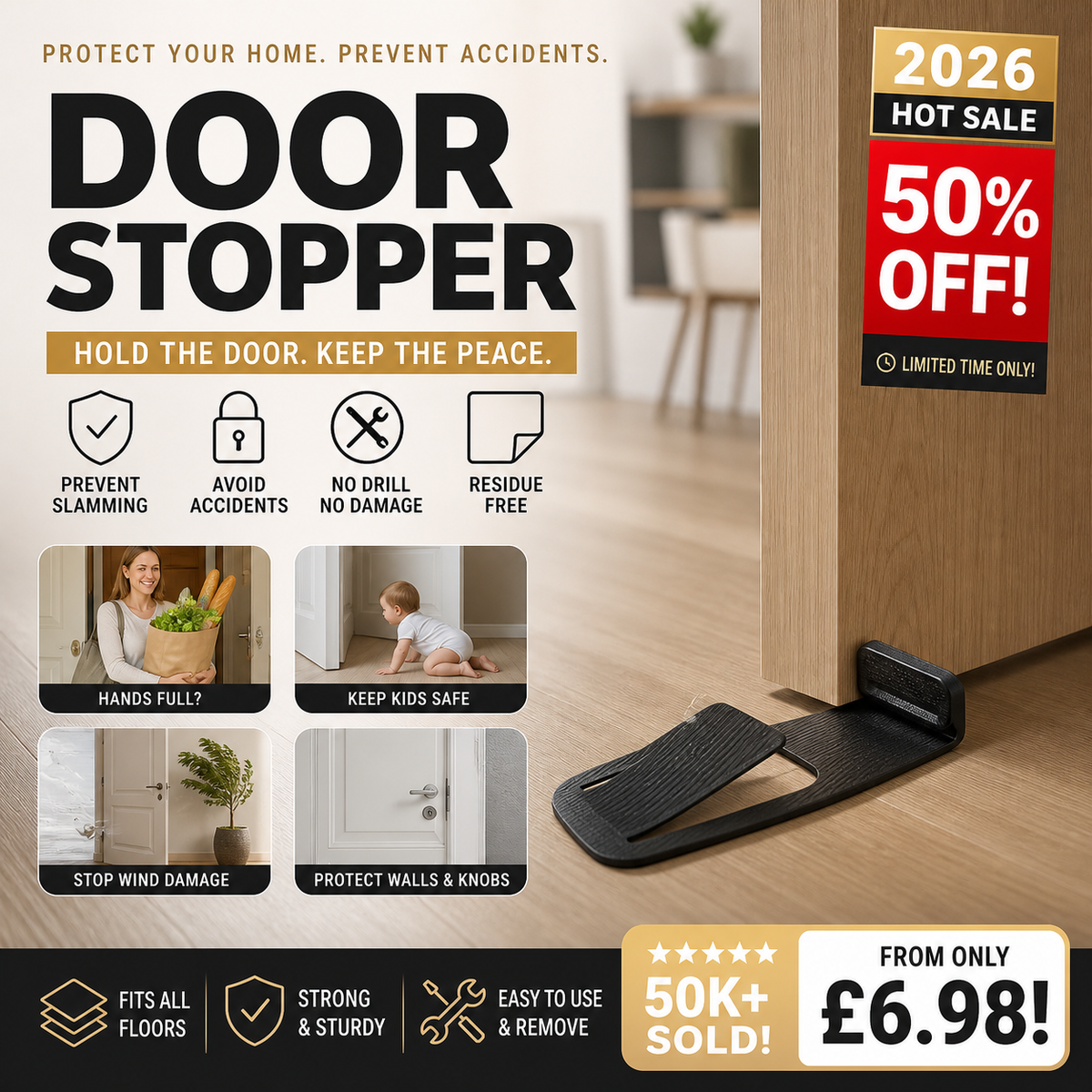 🚪🎁 50% OFF! Door Stopper Protector –  No-drill, residue-free & holds doors open. Safe & simple – stock up & save! 🏠✅